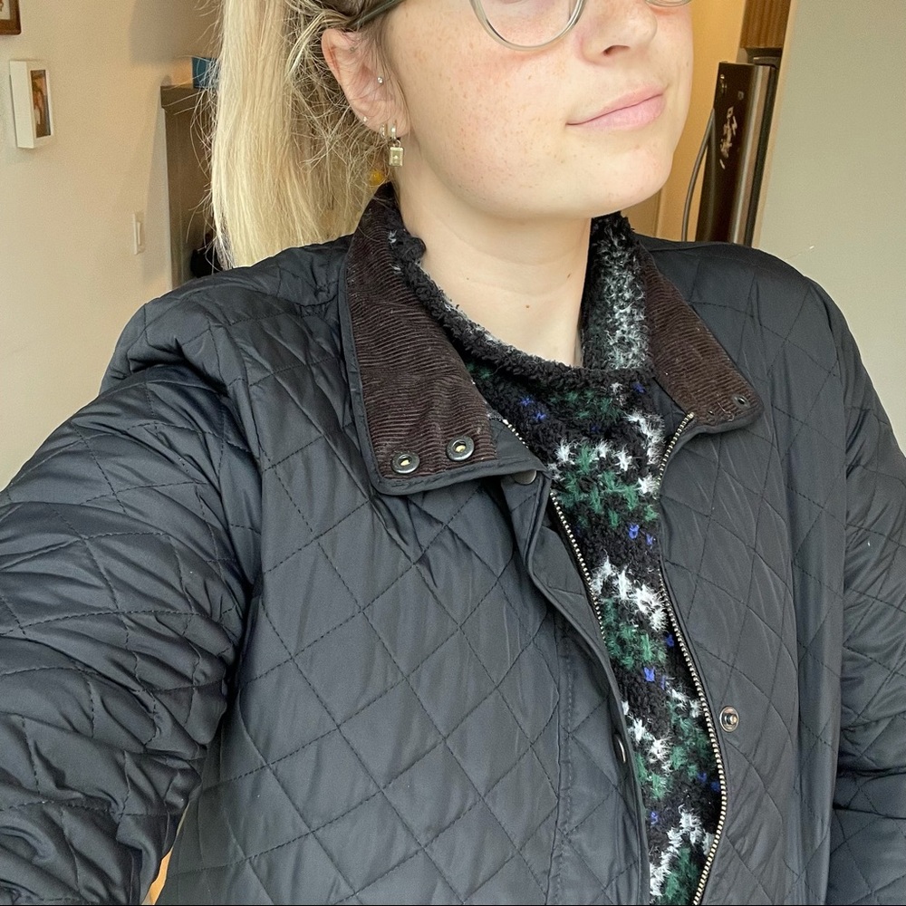 Lands End Black Quilted Jacket with Brown Corduroy Collar